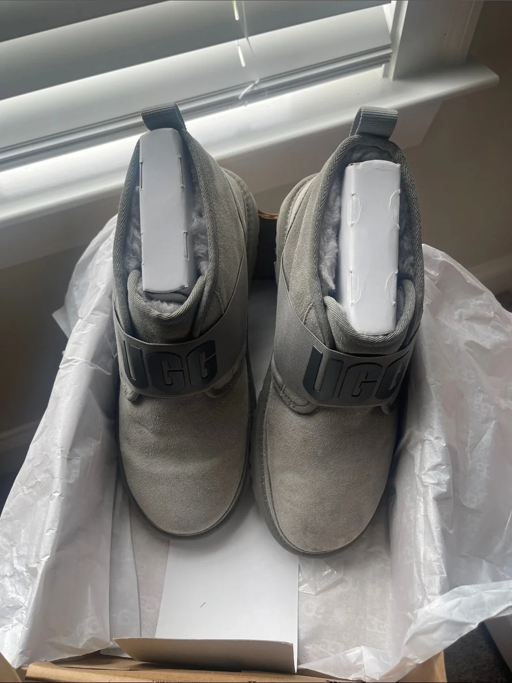 UGG womens Grey Suede Ankle Boots with Logo Strap